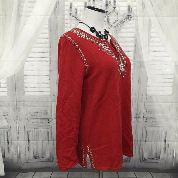 Quacker Factory Small Red Pearls Sweater Sequin Zip Embellished Long Sleeve - Picture 5 of 9